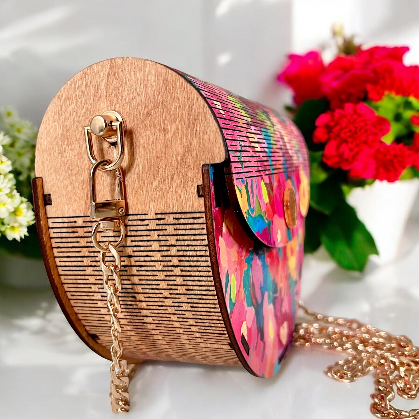 Colorful Floral Wood Purse