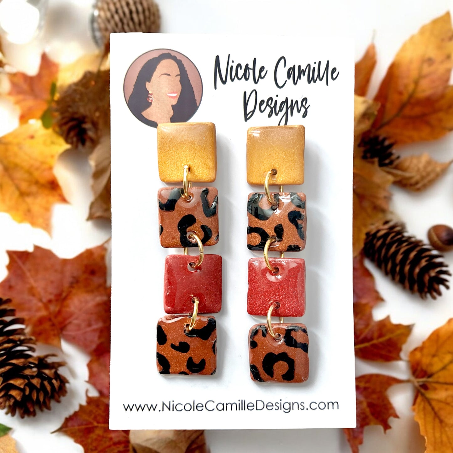 Gold & Dark Red Leopard Squares Clay Earrings