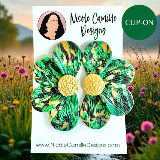 Dark Green & Orange Flower Jumbo Clay Clip-on Earrings
