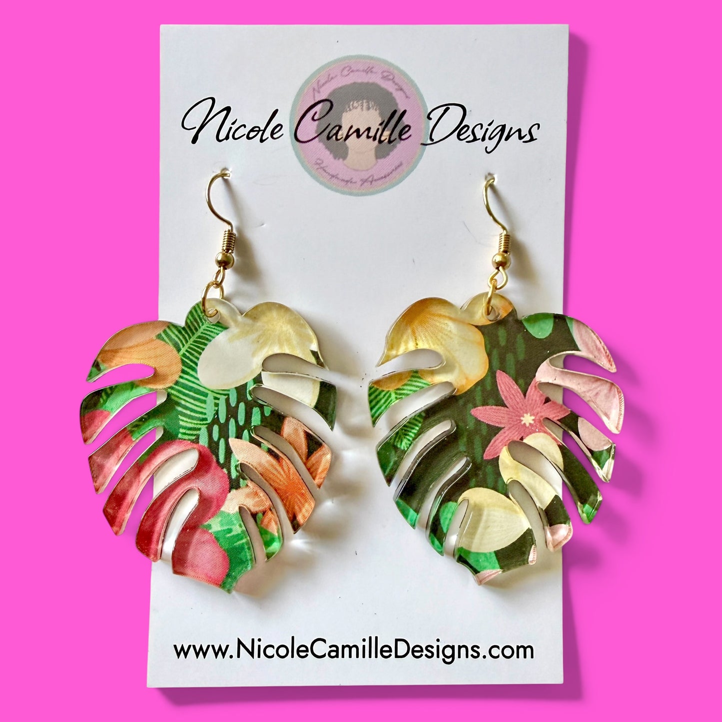 Tropical Print Monstera Acrylic Earrings