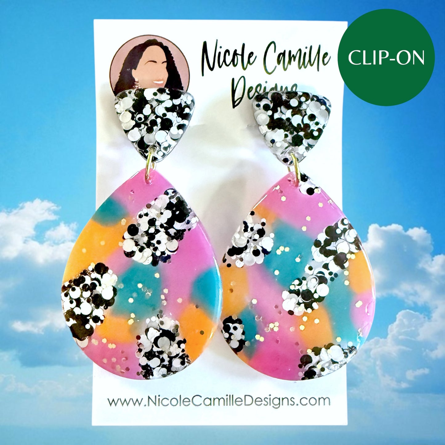 Colorful Confetti Teardrop Resin Clip-on Earrings