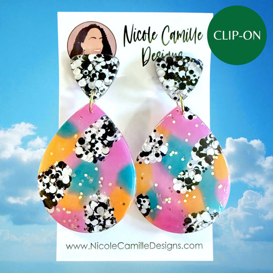 Colorful Confetti Teardrop Resin Clip-on Earrings