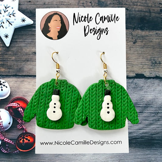 Green Sweater Snowman Clay Earrings