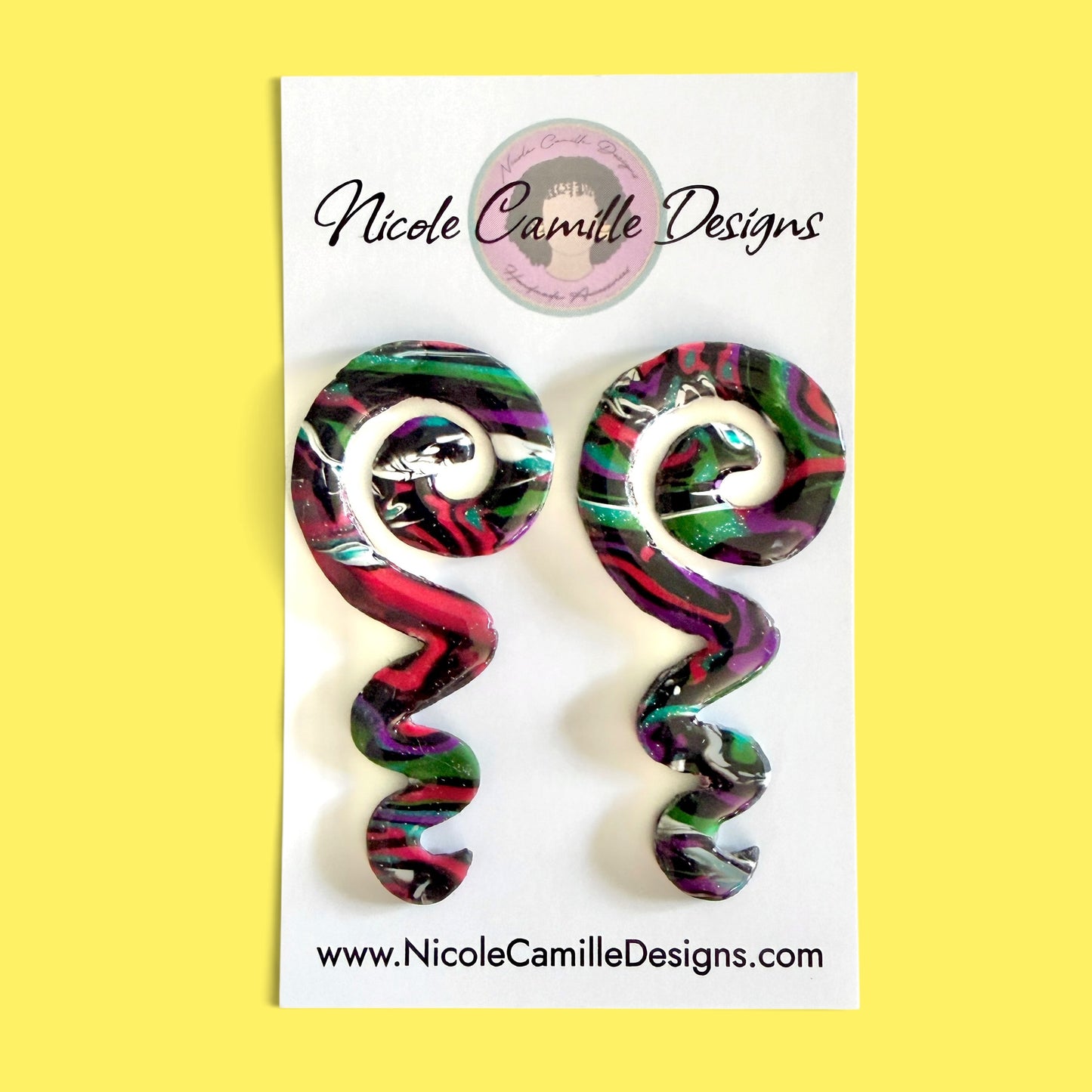 Black Mix Spiral Squiggle Clay Earrings
