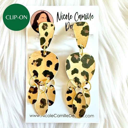 Leopard Print Organic Dangle Clip-on Paper Earrings
