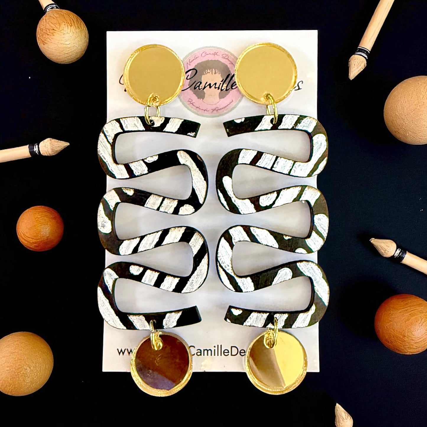 Mudcloth Print Wood Earrings 1