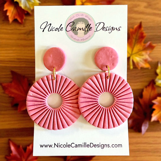 Pink Lined Circle Clay Earrings