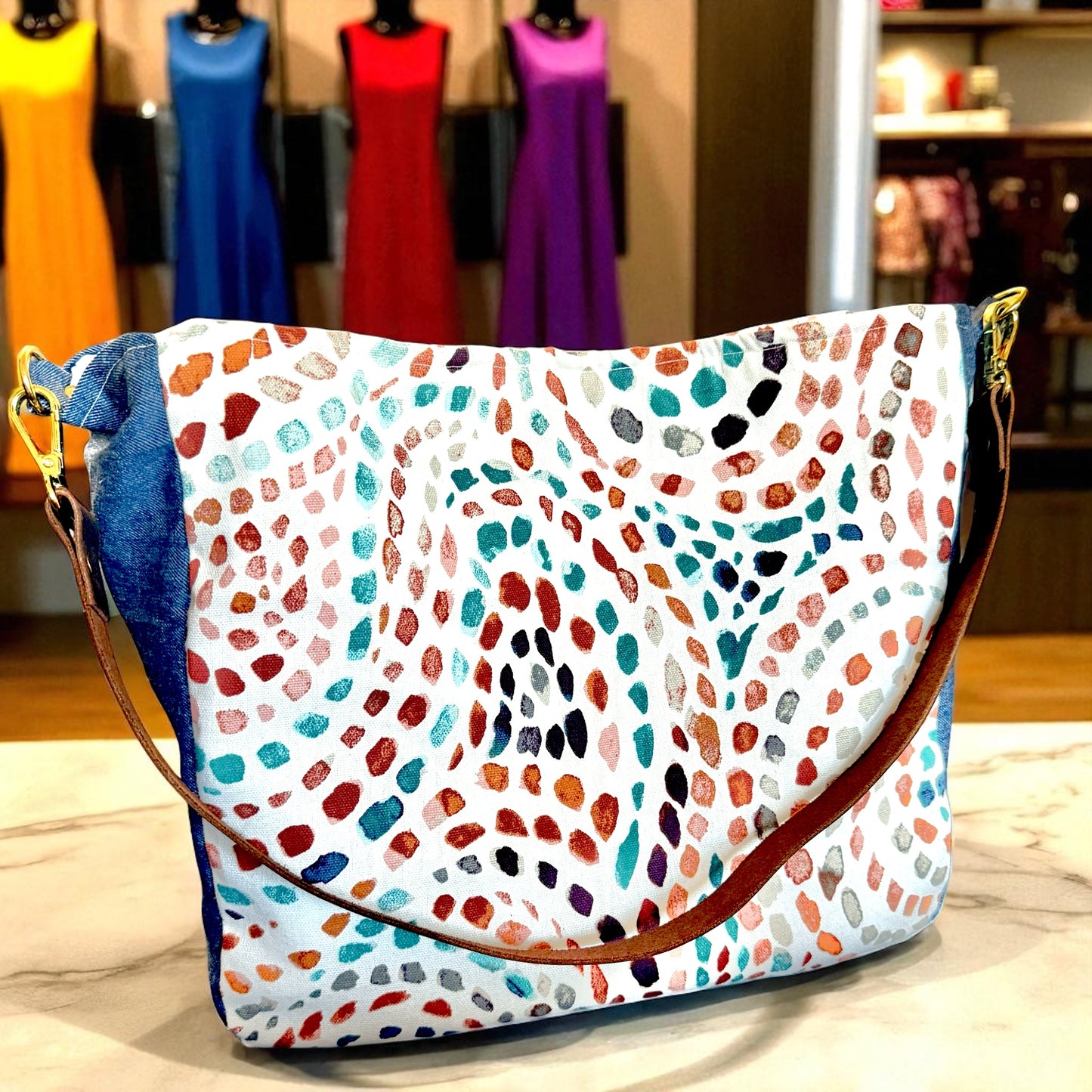 Whimsical Print & Denim Shoulder Bag