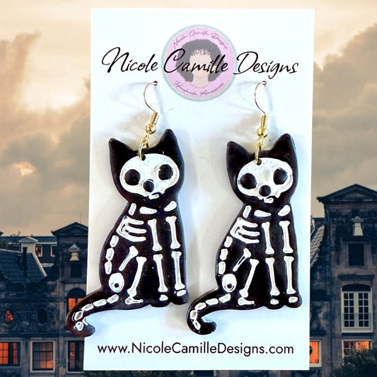 Cat Skeleton Clay Earrings
