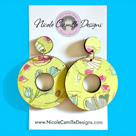 Lime Floral Print Round Wood Earrings
