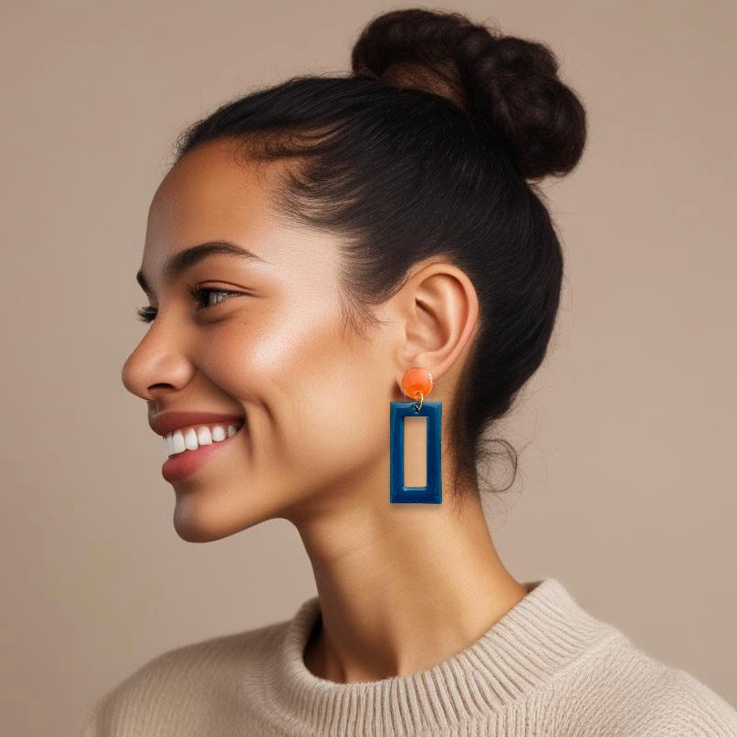 Navy & Burnt Orange Rectangle Resin Earrings