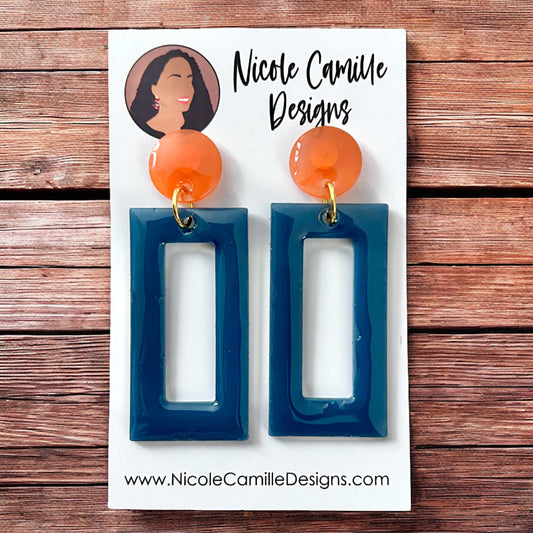 Navy & Burnt Orange Rectangle Resin Earrings