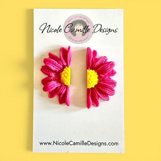 Fuschia Half Flower Clay Earrings