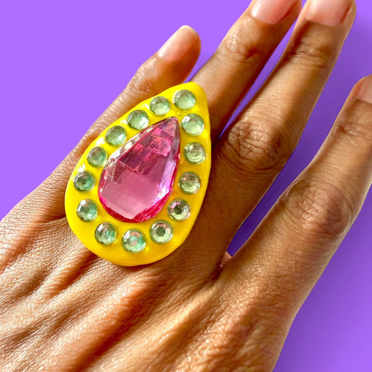 Yellow Jeweled Jumbo Clay Adjustable Ring