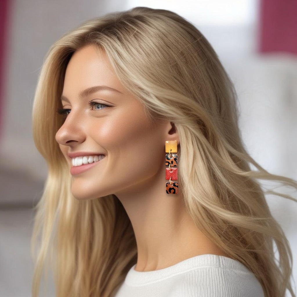 Gold & Dark Red Leopard Squares Clay Earrings