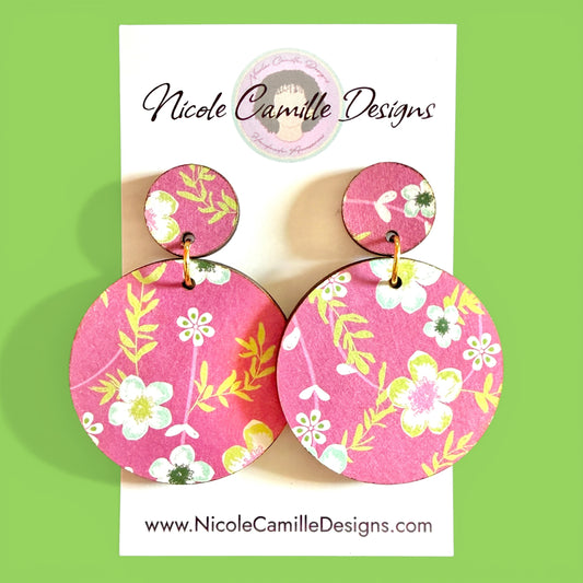 Mauve Floral Print Disc Wood Earrings
