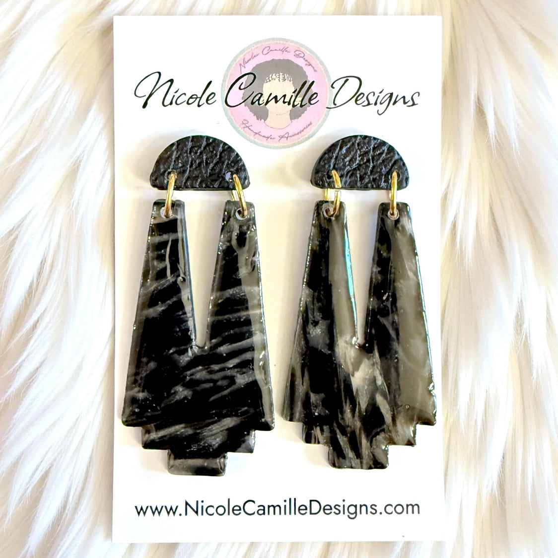 Black Marble & Leather Aztec Clay Earrings