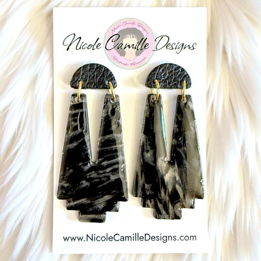 Black Marble & Leather Aztec Clay Earrings