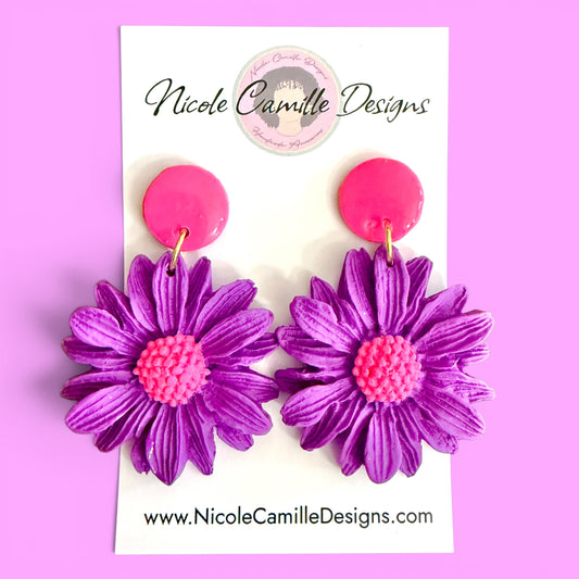 Purple & Hot Pink Flower Clay Earrings