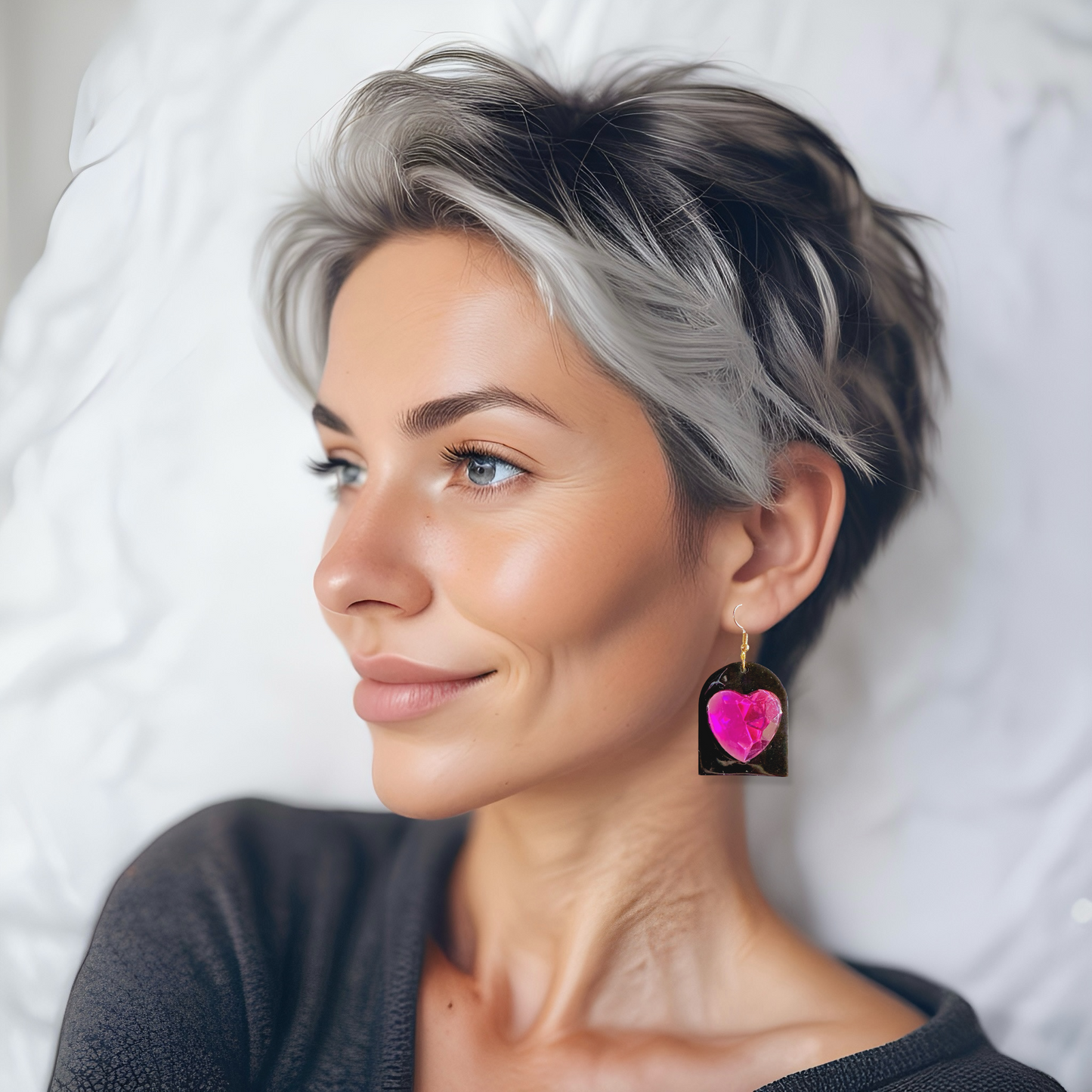 Black & Fuschia Gem Heart Resin Earrings