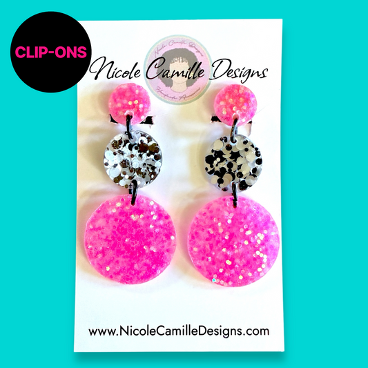 Hot Pink Mix Glitter 3-Disc Resin Clip-on Earrings