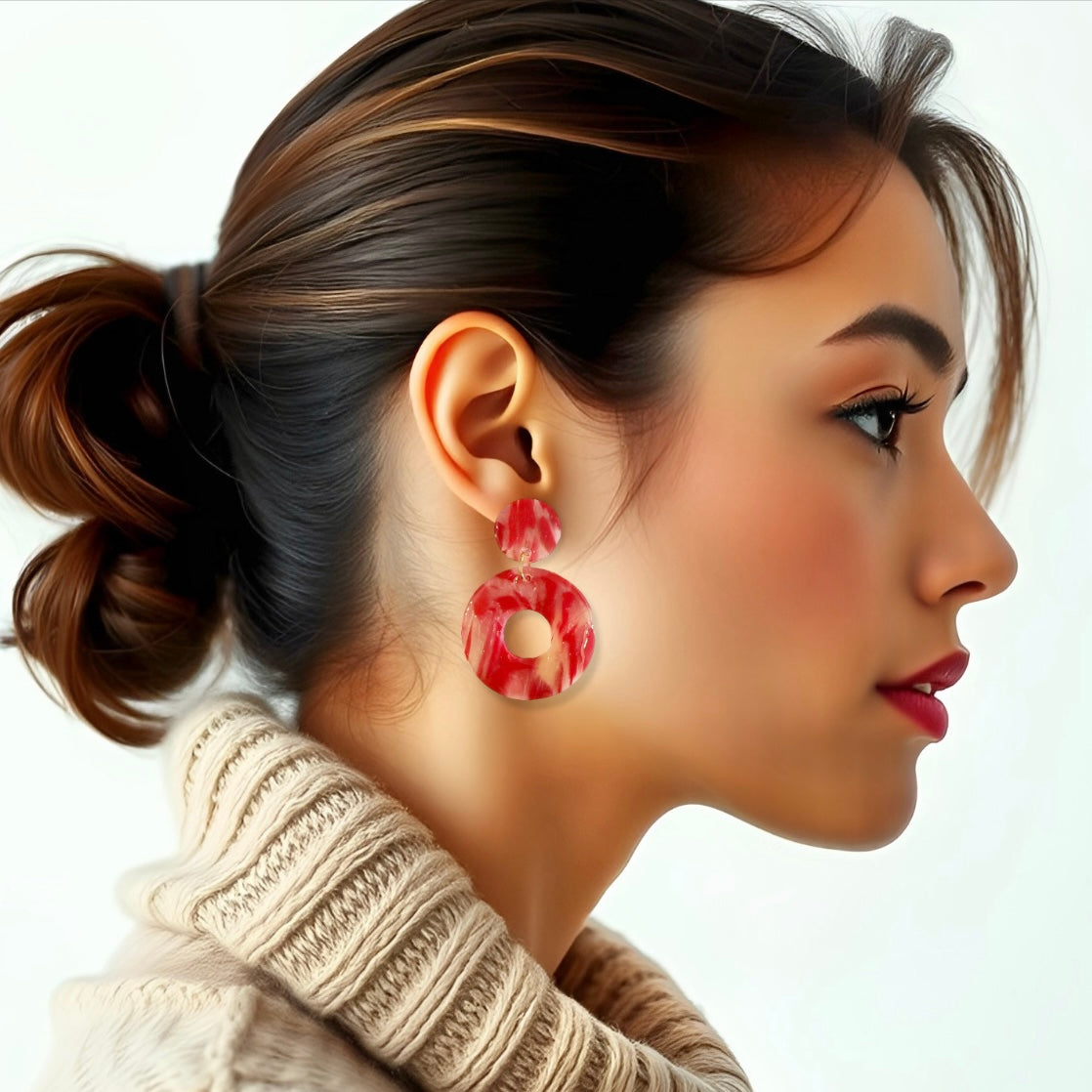 Red Swirl Round Clay Earrings