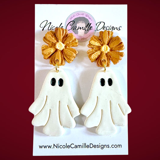 Dark Gold Flower & Ghost Clay Earrings