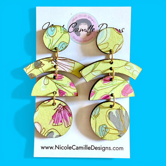 Lime Floral Print “Tokyo” Wood Earrings