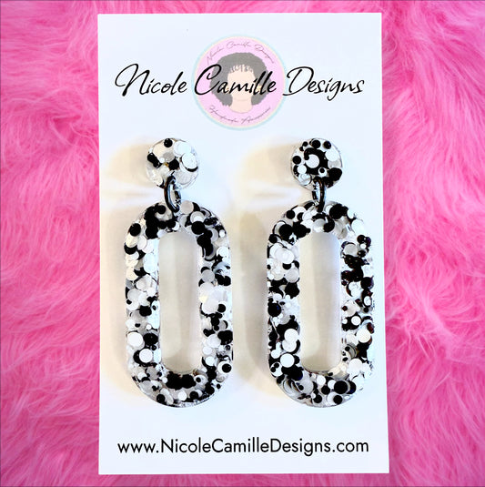 B/W Glitter Oval Resin Earrings