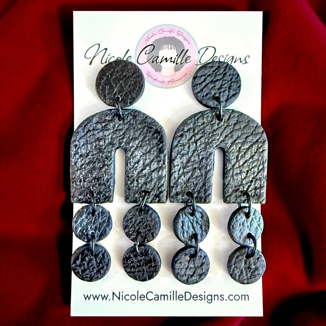 Black Leather Horseshoe Dangle Clay Earrings