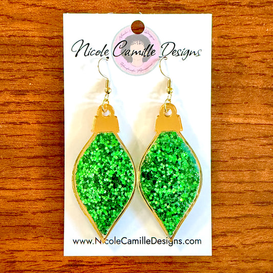 Green Glitter Ornament Resin & Acrylic Earrings