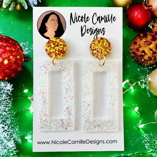 White Glitter Rectangle Resin Earrings