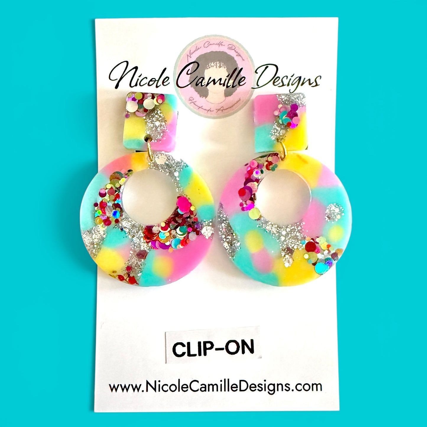 Summer Color & Glitter Small Round Clip-on Resin Earrings
