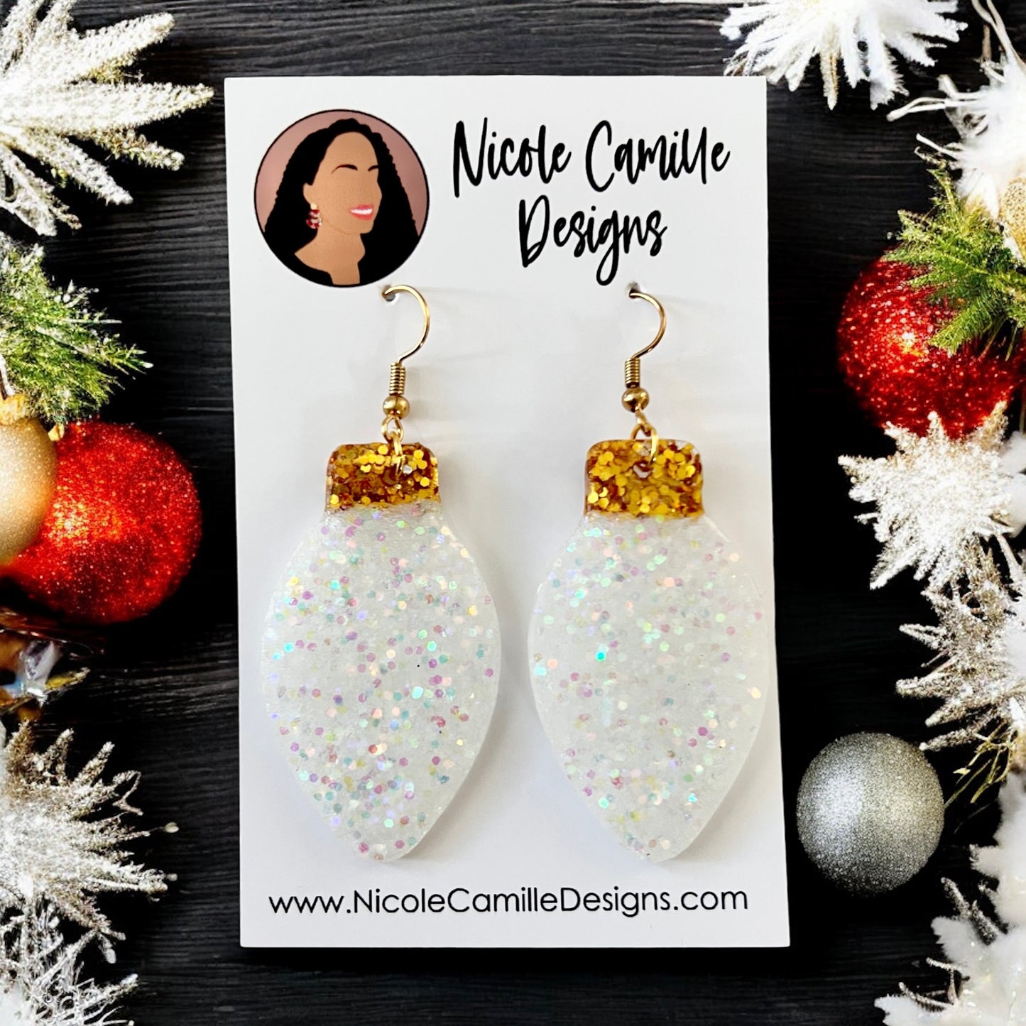 White Xmas Bulb Glitter Resin Earrings