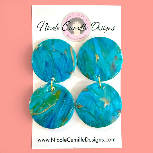 Teal Swirl Double Disc Clay Earrings
