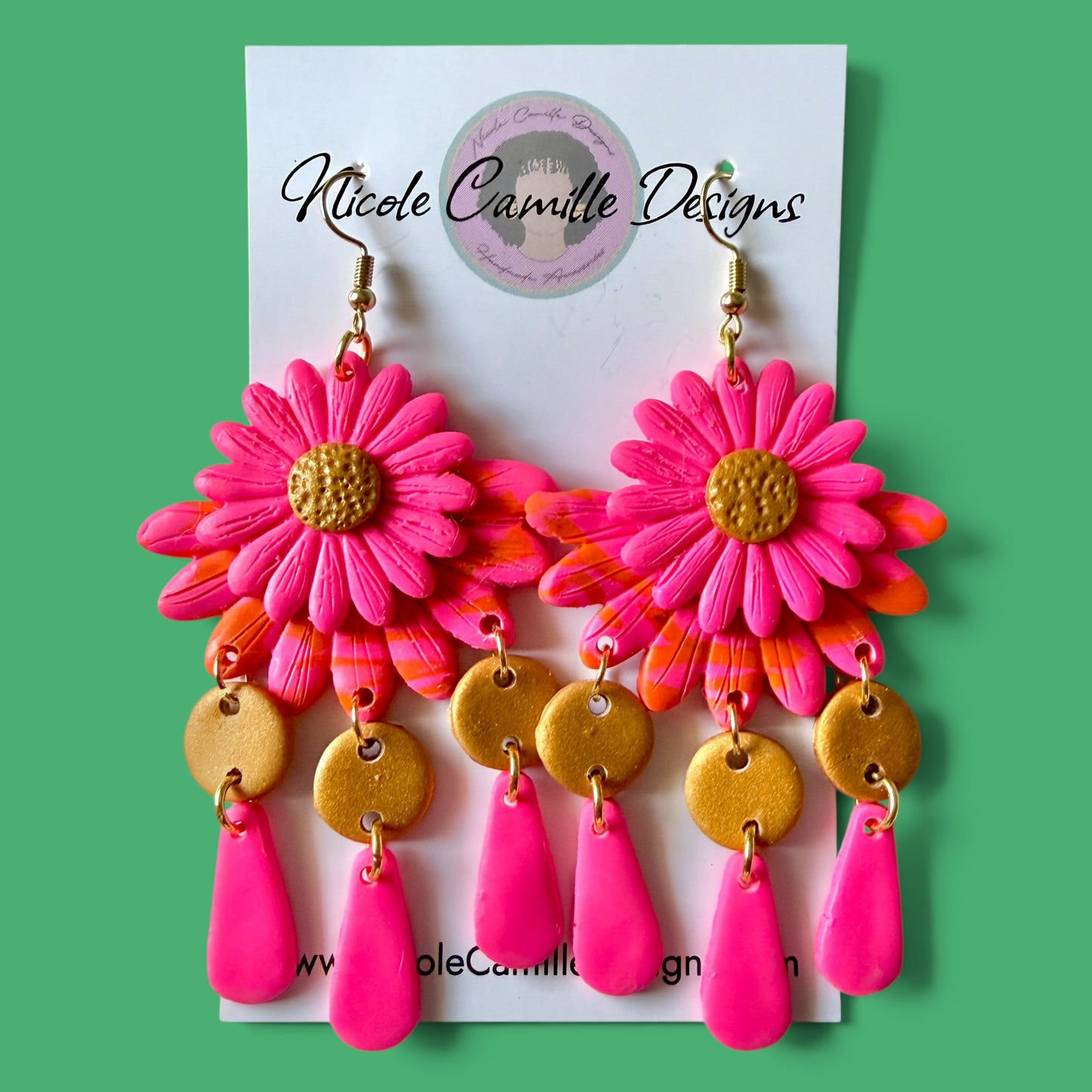 Hot Pink Boho Flower Dangles Clay Earrings