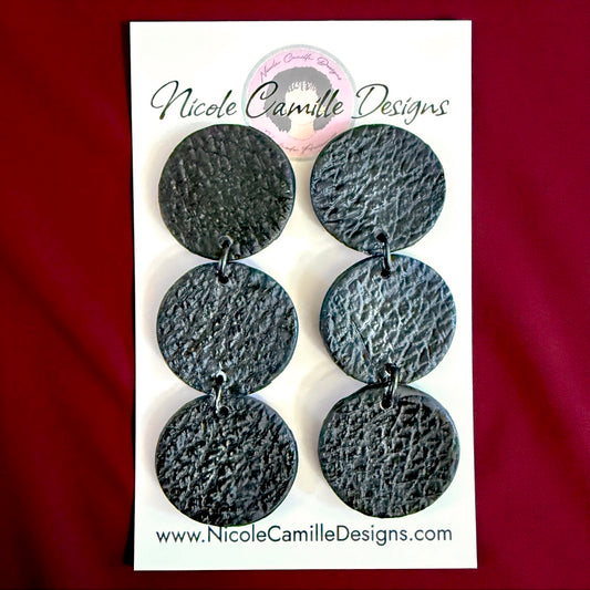 Black Leather Triple Disc Clay Earrings