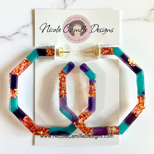 Teal & Navy Mix Glittery Geo Hoops Resin Earrings