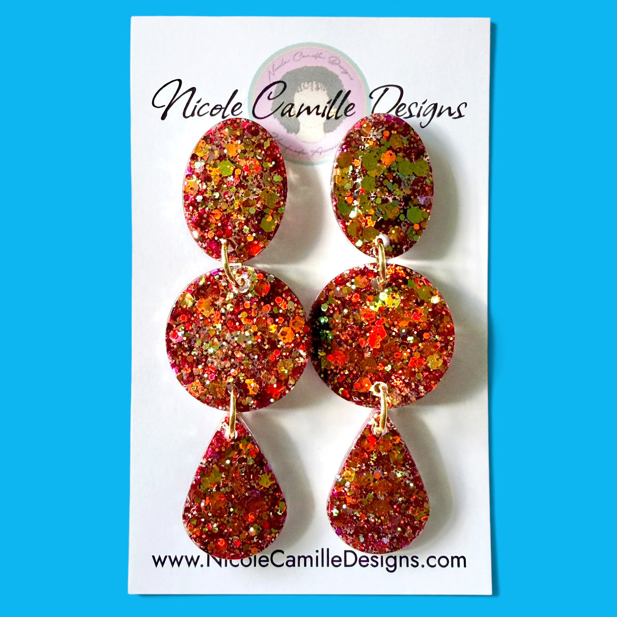Deep Red Glitter Geometric Resin Earrings