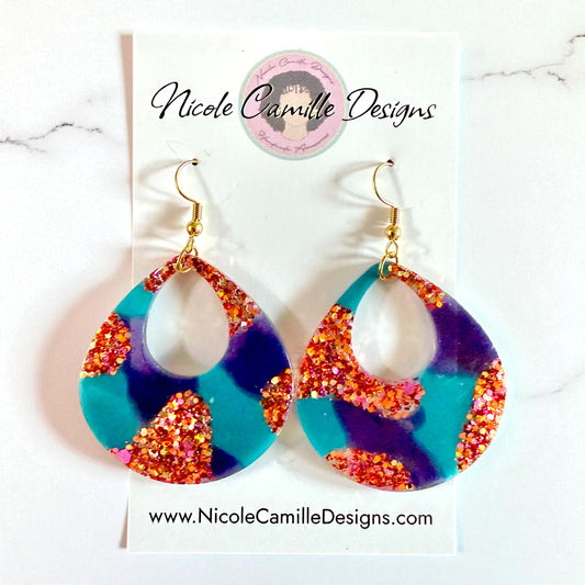 Teal & Navy Mix Glittery Teardrops Resin Earrings