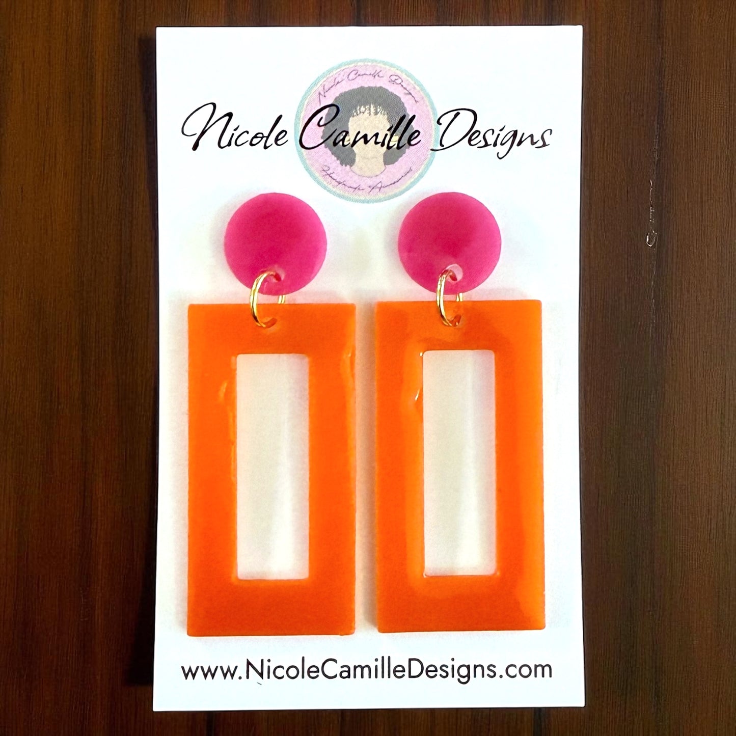 Orange & Fuschia Rectangle Resin Earrings
