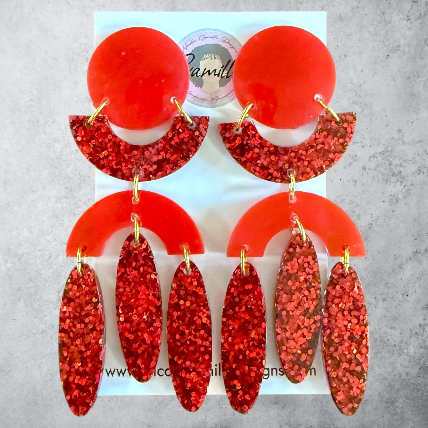 Red Glitter Geo Dangle Resin Earrings