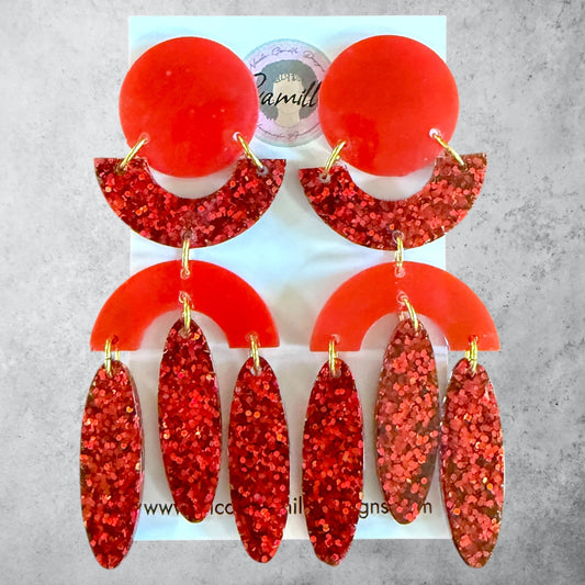 Red Glitter Geo Dangle Resin Earrings