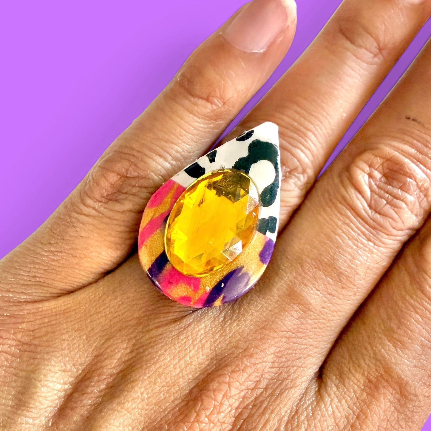 Mixed Print Jeweled Adjustable Clay Ring 1