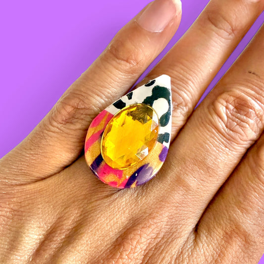 Mixed Print Jeweled Adjustable Clay Ring 1