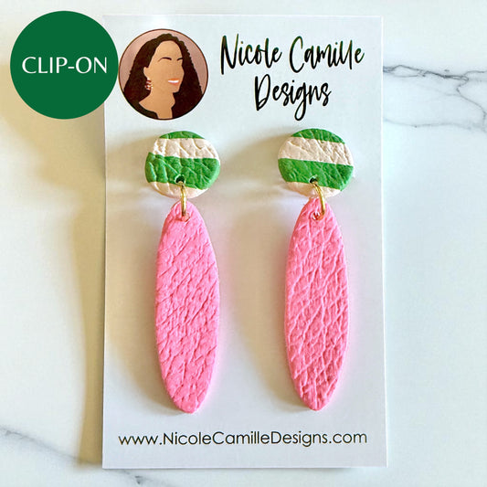 Pink & Green Stripe Skinny Dangle Clip-on Clay Earrings