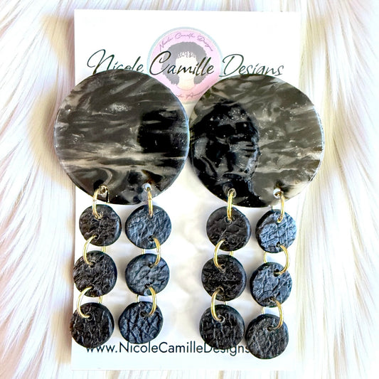 Black Marble & Leather Disc Dangle Clay Earrings
