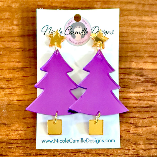 Purple Xmas Tree Mirror Acrylic Earrings