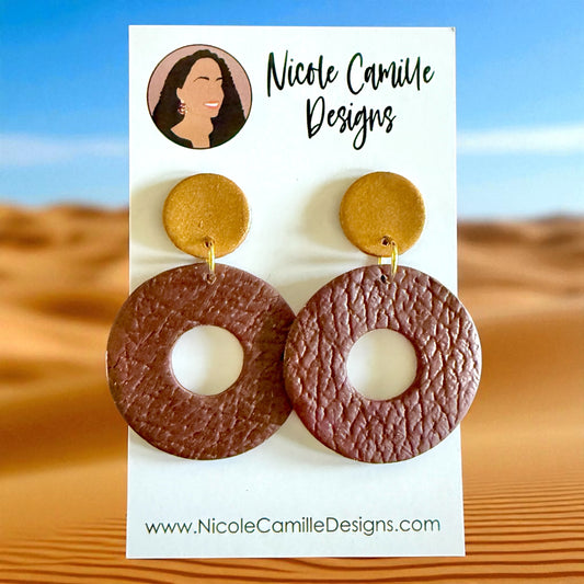 Brown & Gold Round Clay Earrings