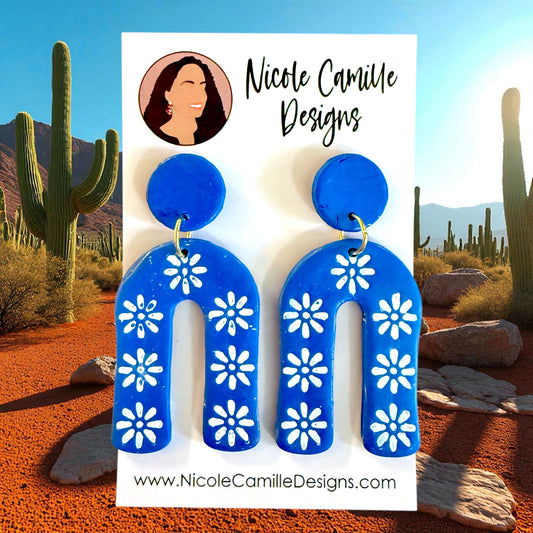 Blue Flower Arch Clay Earrings